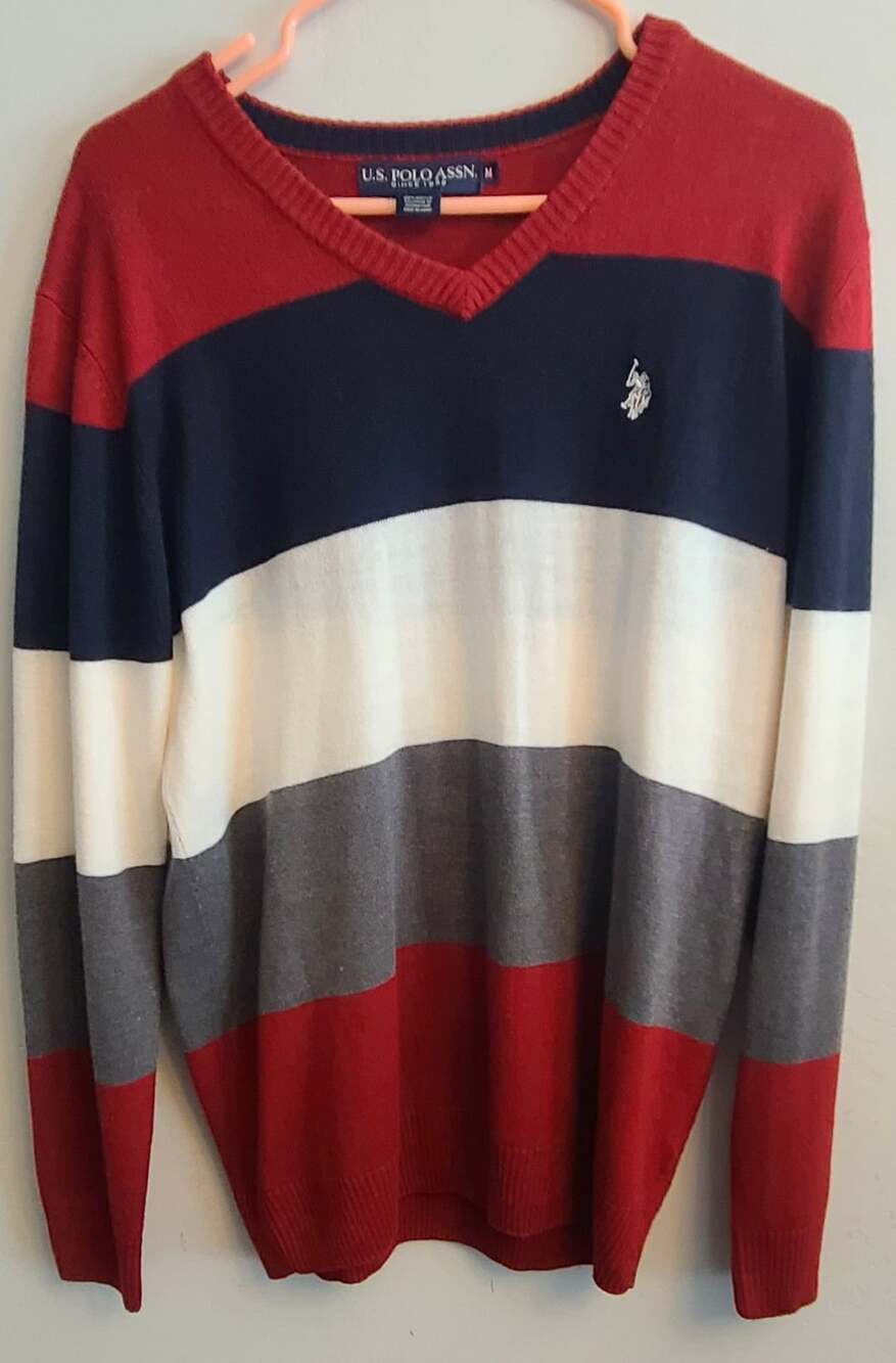 U.S. Polo Assn. V-Neck Striped Sweater Size M Red White Blue Gray Logo
